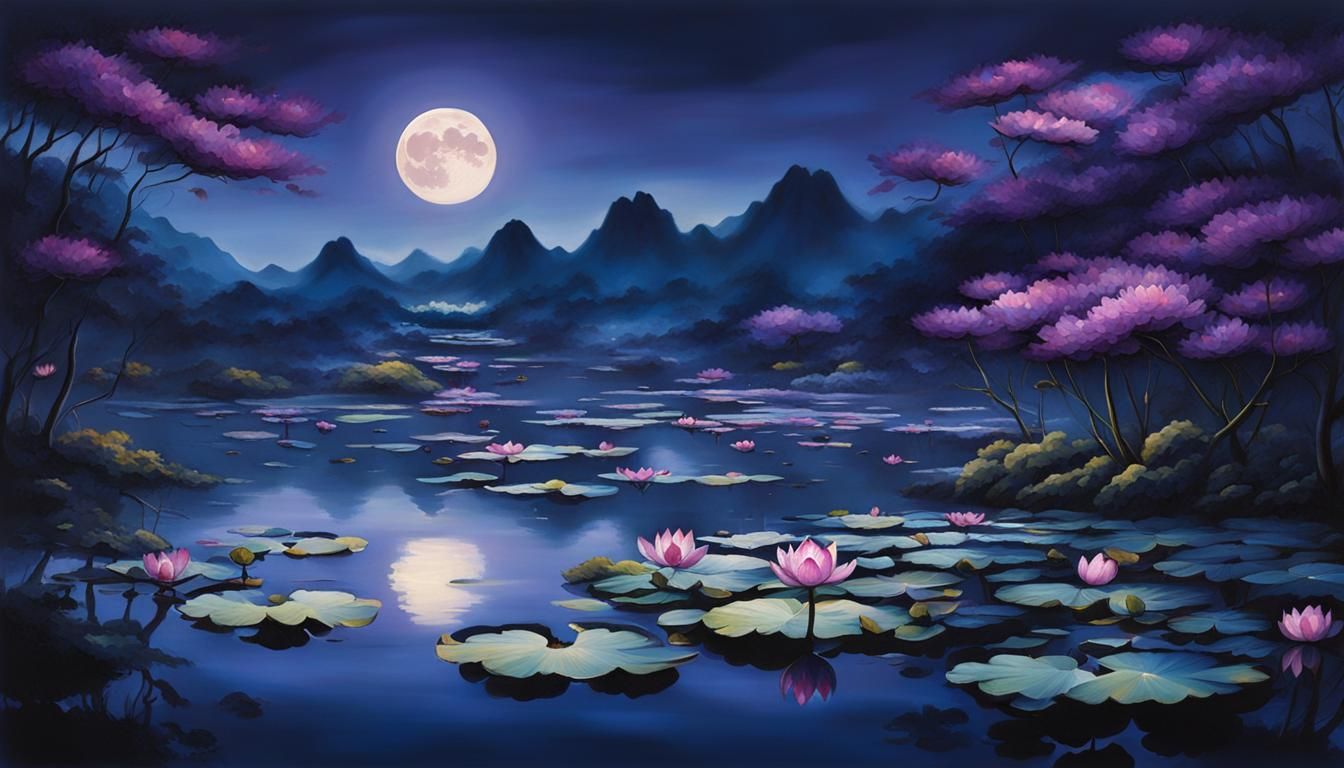 Purple Lotus Pond in Chinese Oil Painting Style