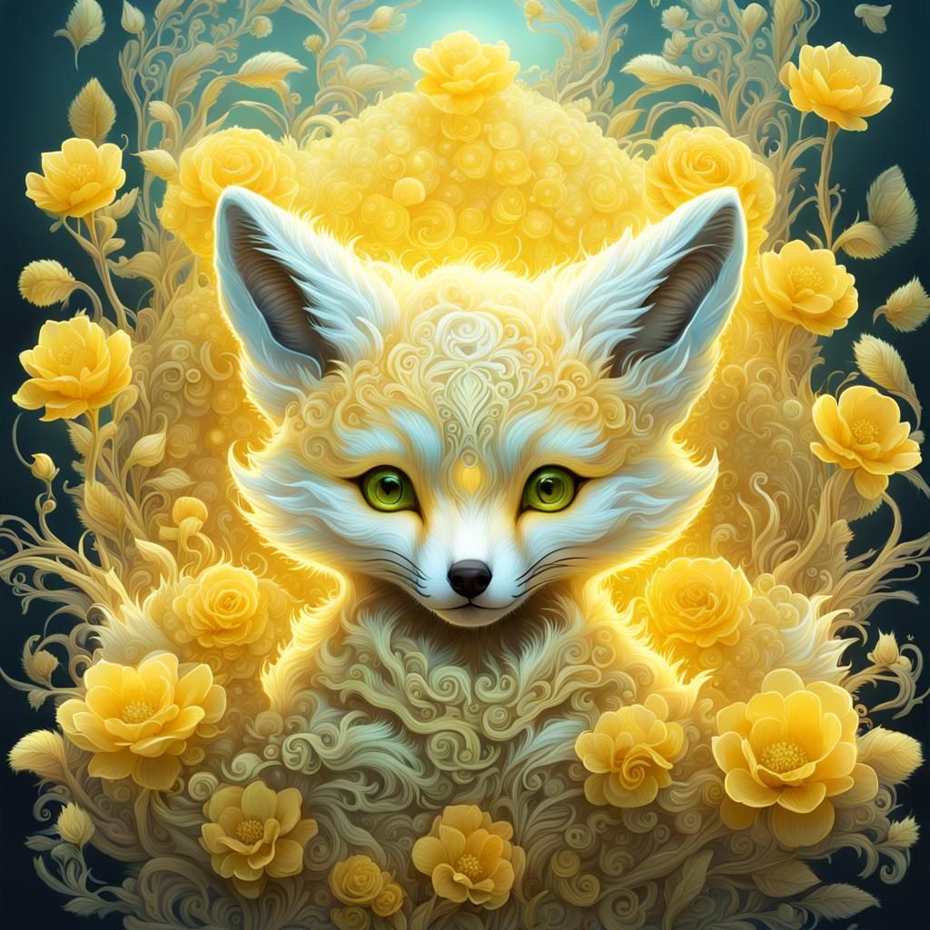 Luminous Yellow Fox Cub Amongst Bioluminescent Flowers