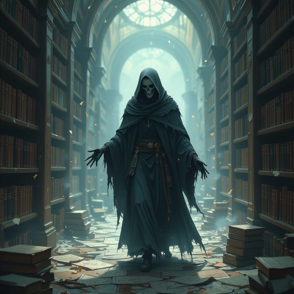 Spectral Skeleton Explores Ancient Library in Ethereal Light