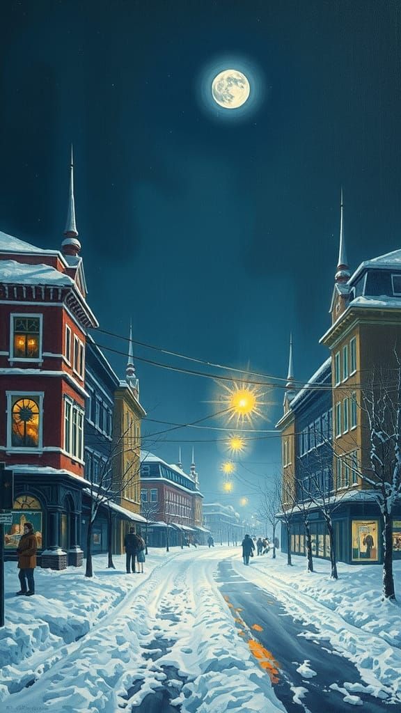 Night Scene: Snowy Post-Soviet City in Oil Painting Style