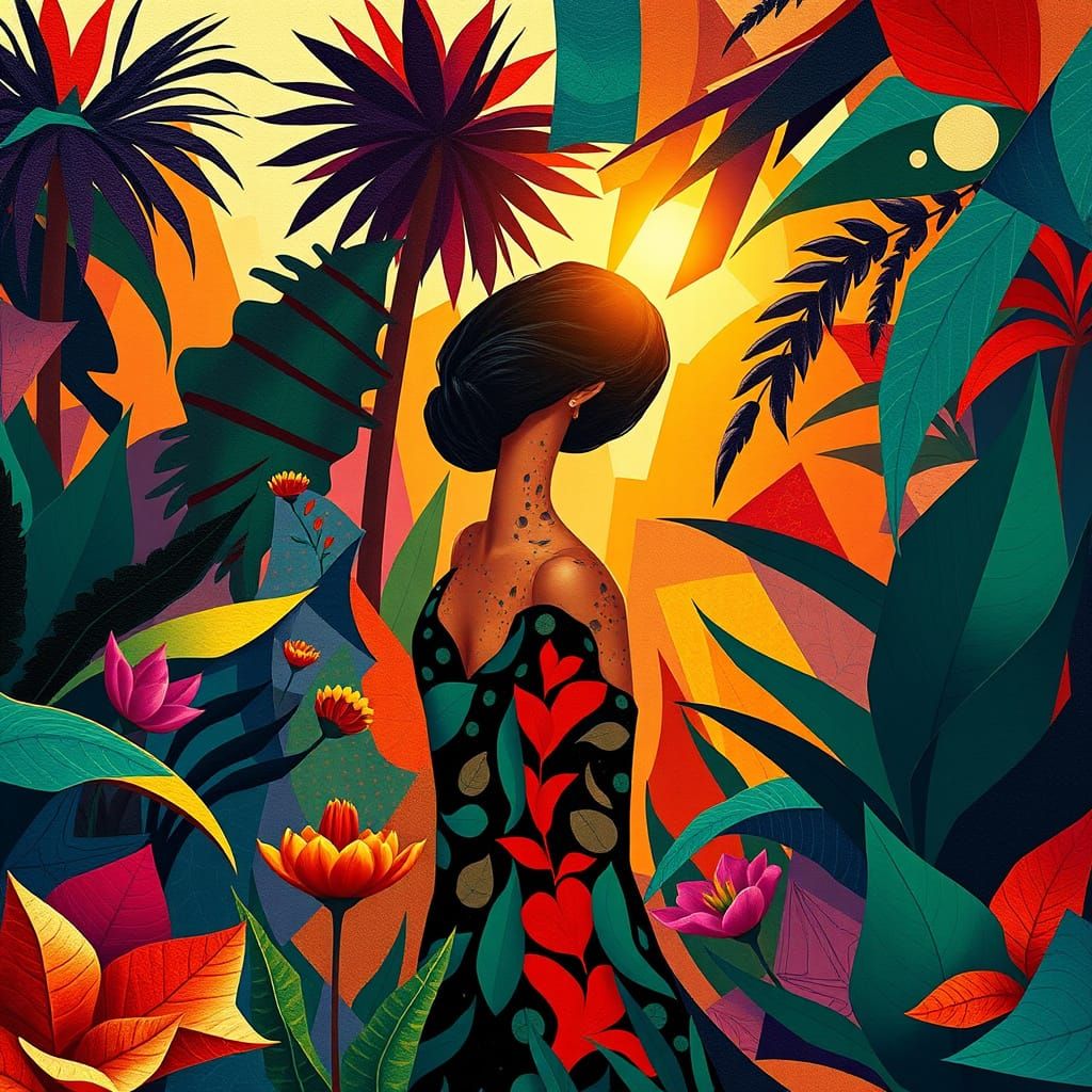 Surrealist Cubist Woman in Vibrant Abstract Garden