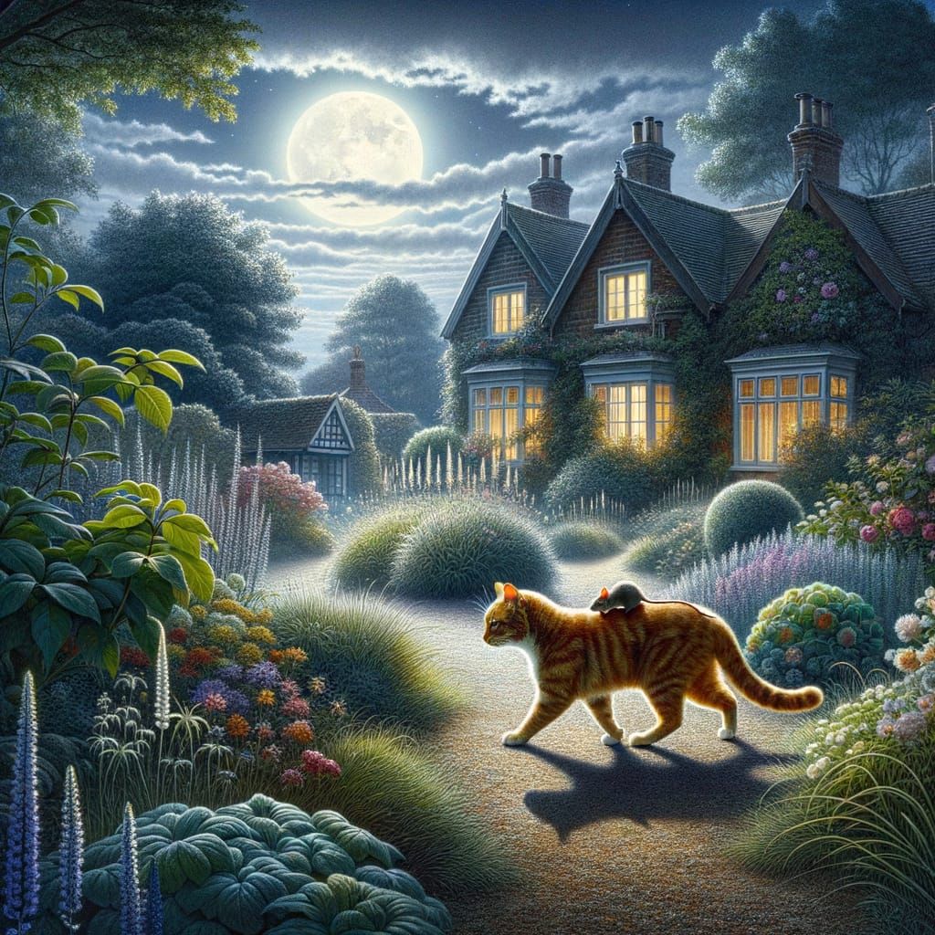 Ginger Cat and Mouse in Moonlit Garden