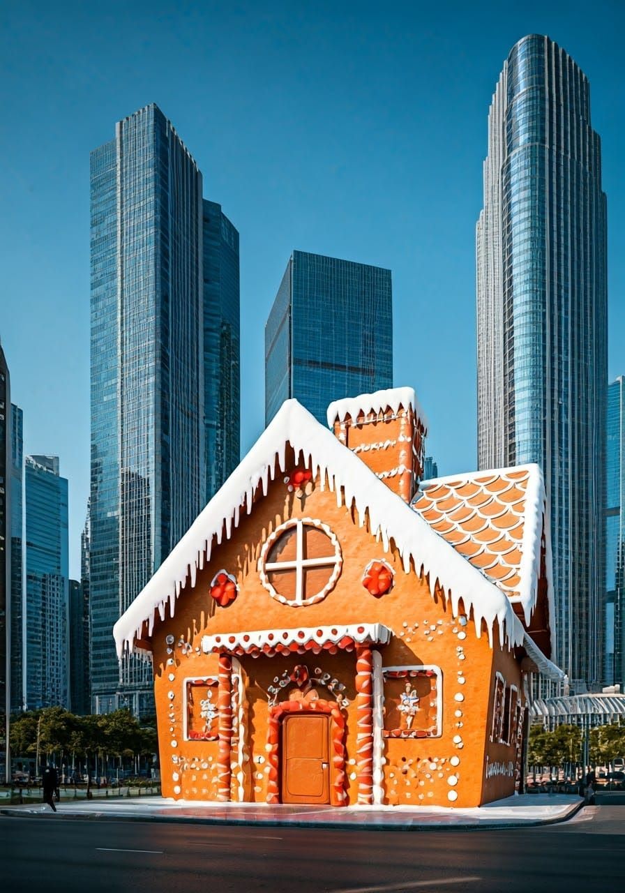 Giant Gingerbread House in Modern City