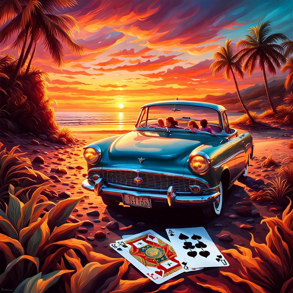 Fairies Play Cards on Beach at Sunset in Digital Art