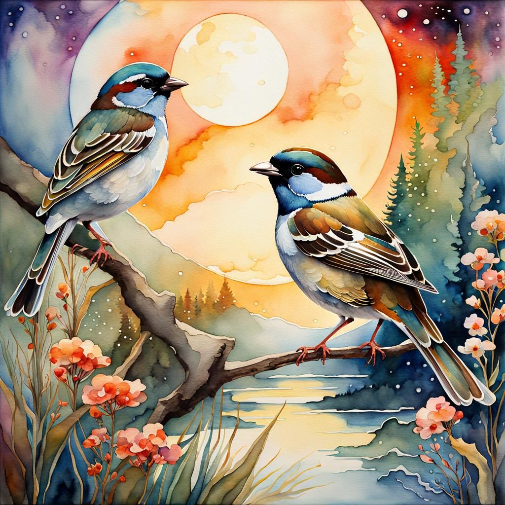 Iridescent Sparrow in Atmospheric Art Deco Starscape