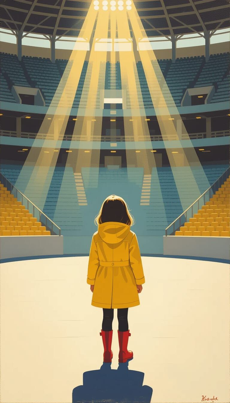 Girl in Yellow Raincoat in Empty Stadium Painting