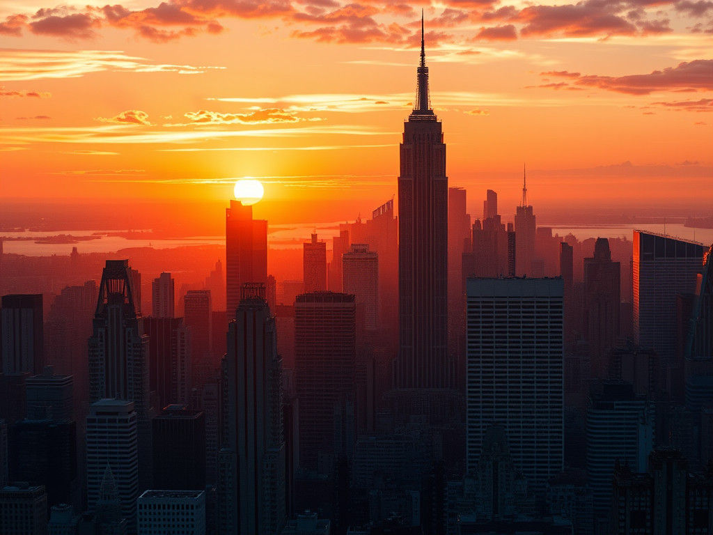 Manhattan Skyline Sunset in Futuristic Style