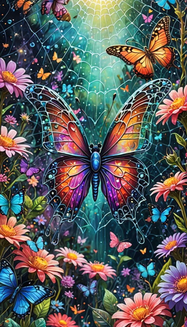 Cosmic Spiderweb in Psychedelic Garden, 8K Illustration