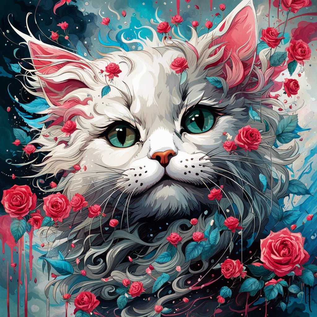 Chibi Cat Made of Clouds and Roses