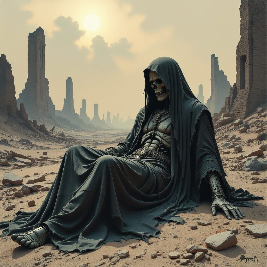 Deceased Deity in Barren Wasteland: Gothic Dystopian Art