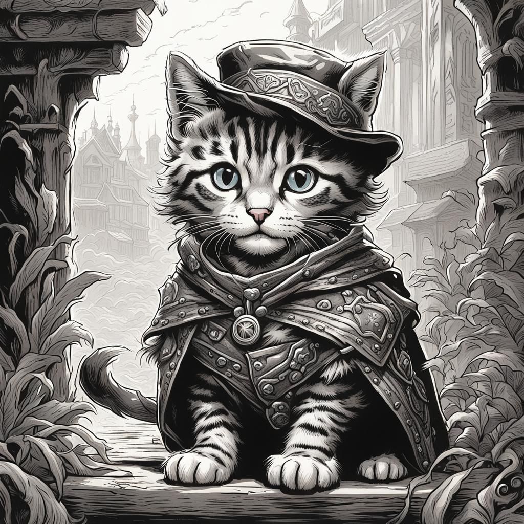 Tabby Kitten as Merlin: Tenniel-Style Black and White Drawin...