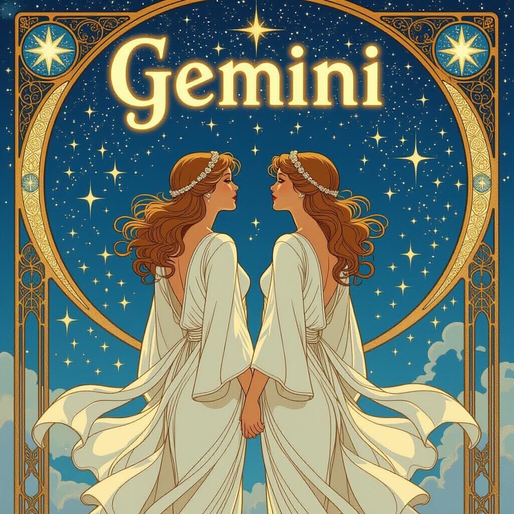 Gemini Twins Under Starry Sky in Art Nouveau Style