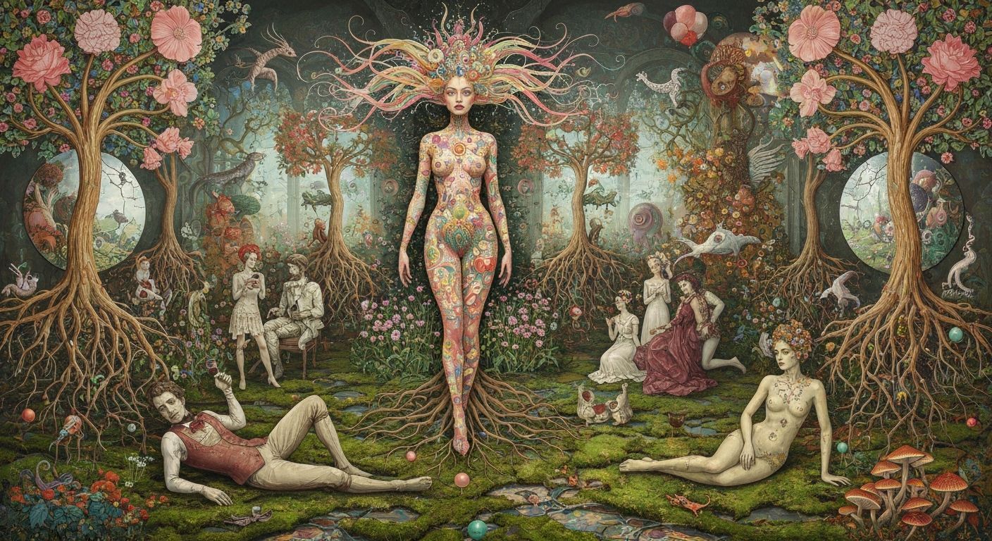 Psychedelic Utopia with Sacred Geometry, Bioluminescent Gard...