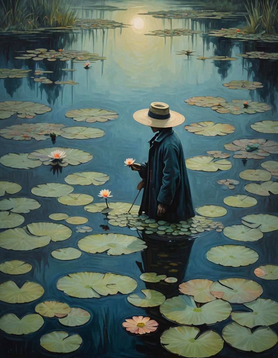 Surrealist Thief Steals Water Lily in Dreamlike Painting