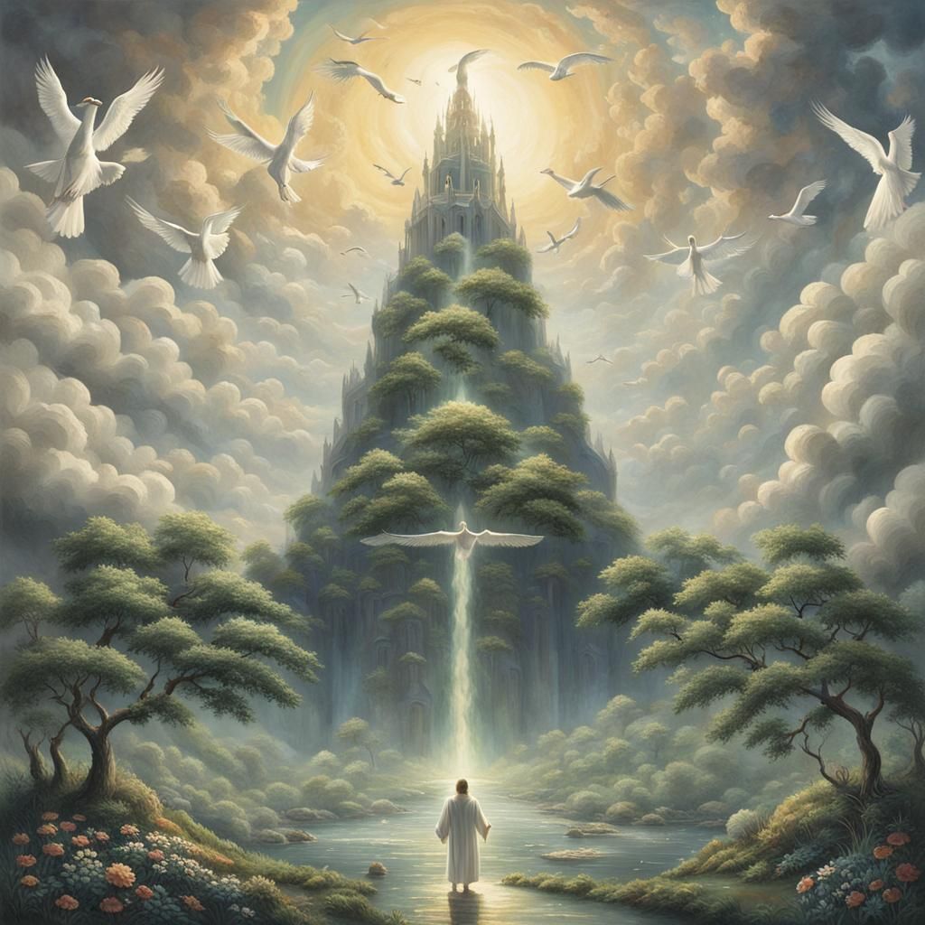 Ethereal Paradise Fantasy in Thomas Kinkade Style