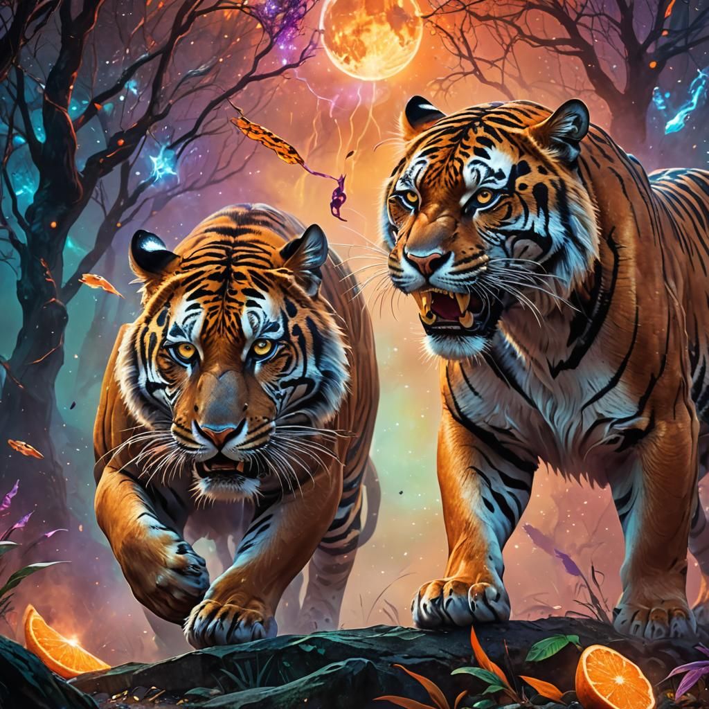 Surreal Cosmic Illustration: Panther, Tiger, and Prey