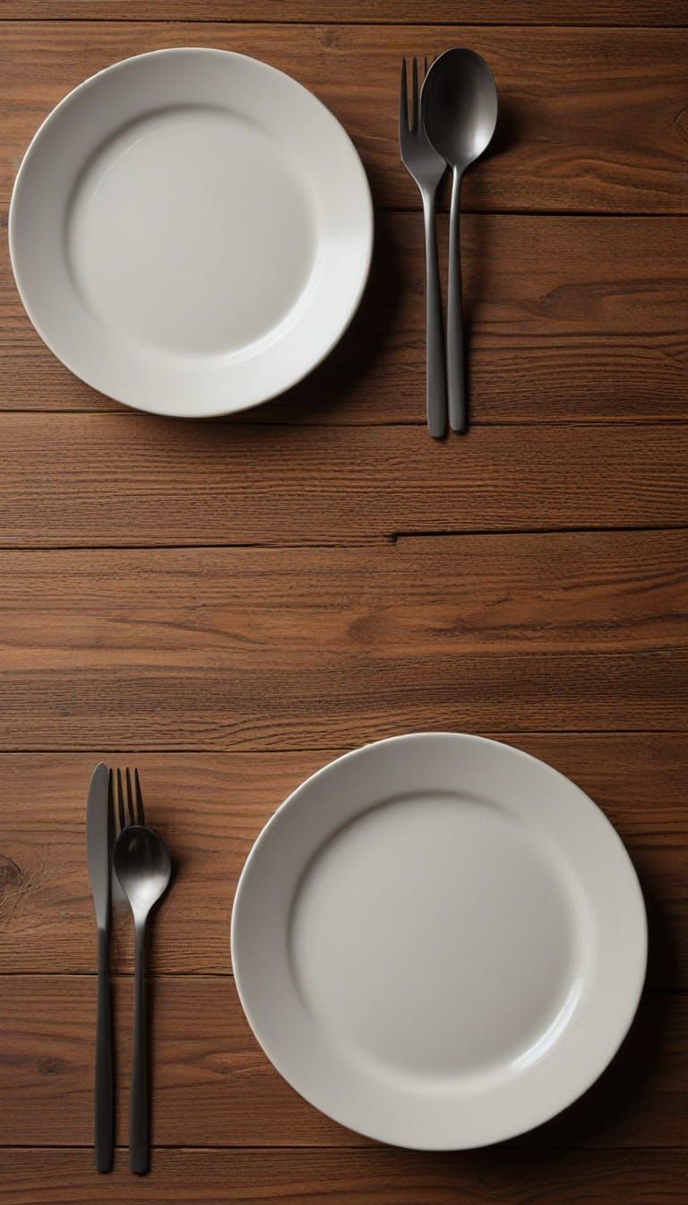 Photorealistic Still Life: Wooden Table with Utensils and Pl...