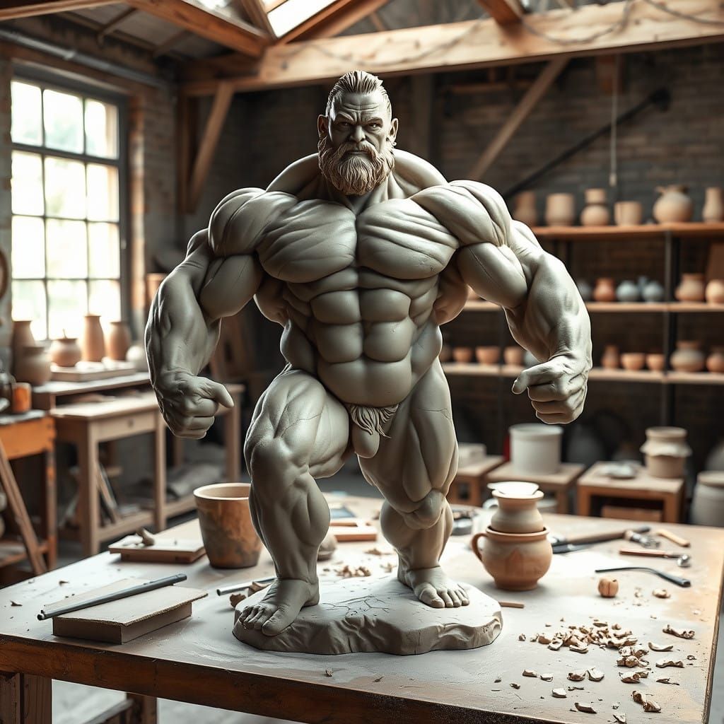 Hyper-Realistic Clay Bodybuilder Sculpture