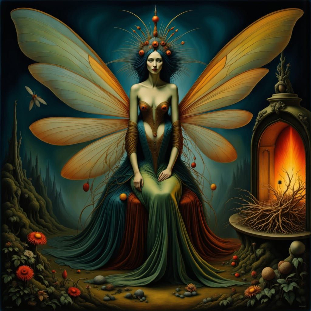 Melancholic Fairy by Fireplace in 18th Century Fashion