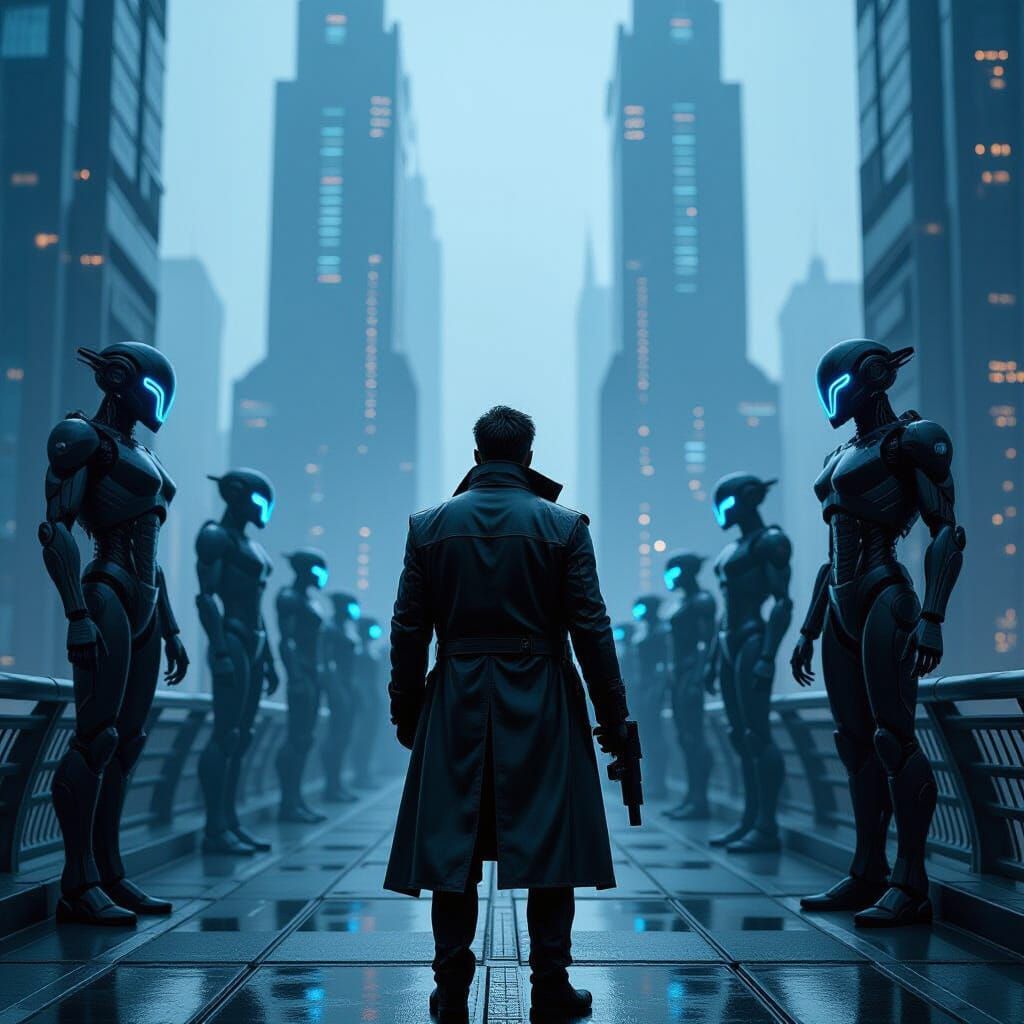 Cyberpunk Figure on Bridge Confronts Cyborgs