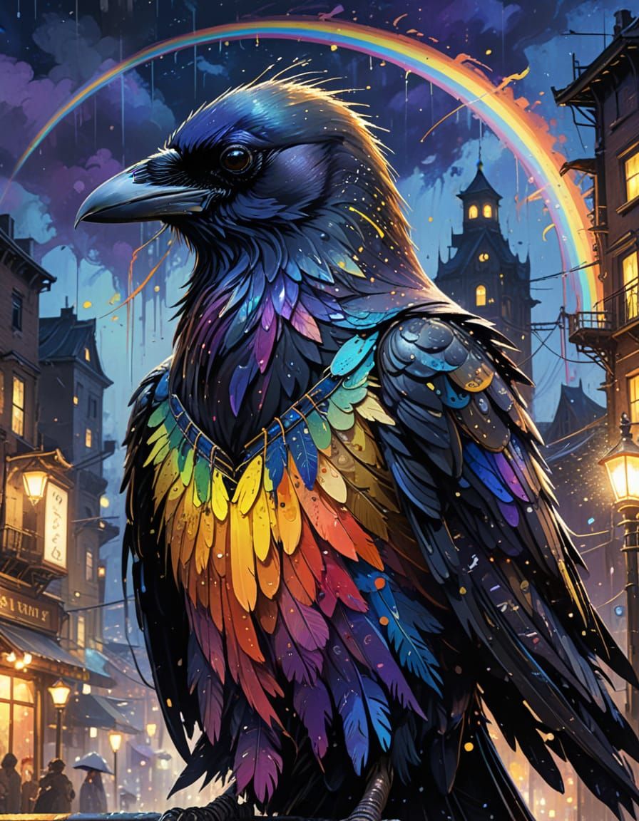Steampunk Raven in Colorful Cityscape Oil Painting