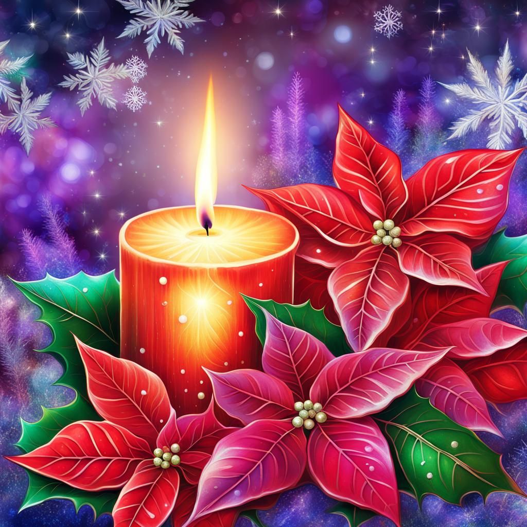 Christmas Candle with Poinsettias in Astral Illustration