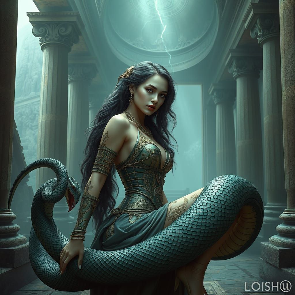 Elegant Snake Woman in Ancient Temple, Hyperrealistic Art