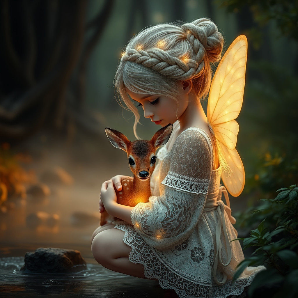 Enchanted Girl with Fawn in Magical Forest at Dusk