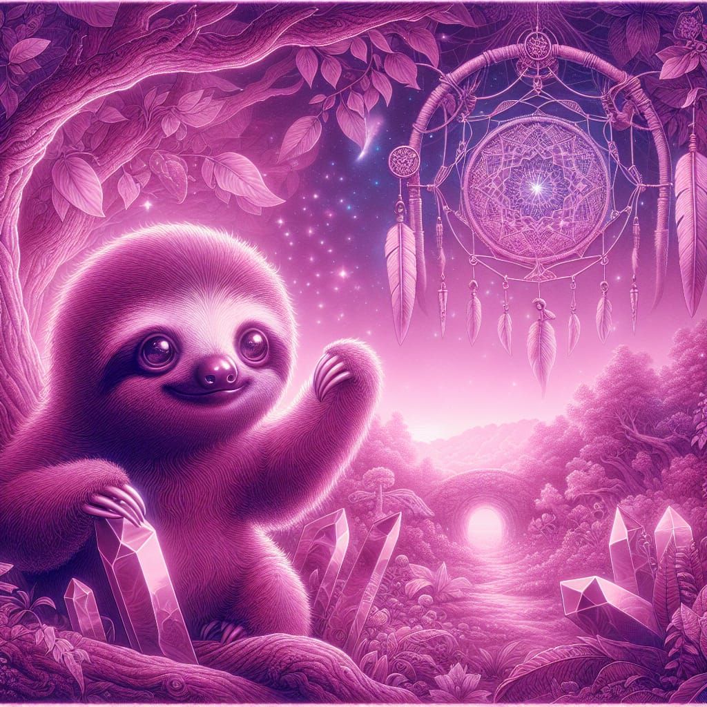 Magenta Sloth Gazing Through Crystal Portal in Cyanotype