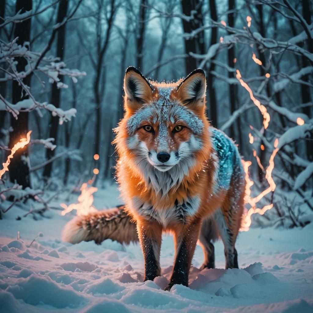 Neon Blue Snow Fox in Cinematic Style