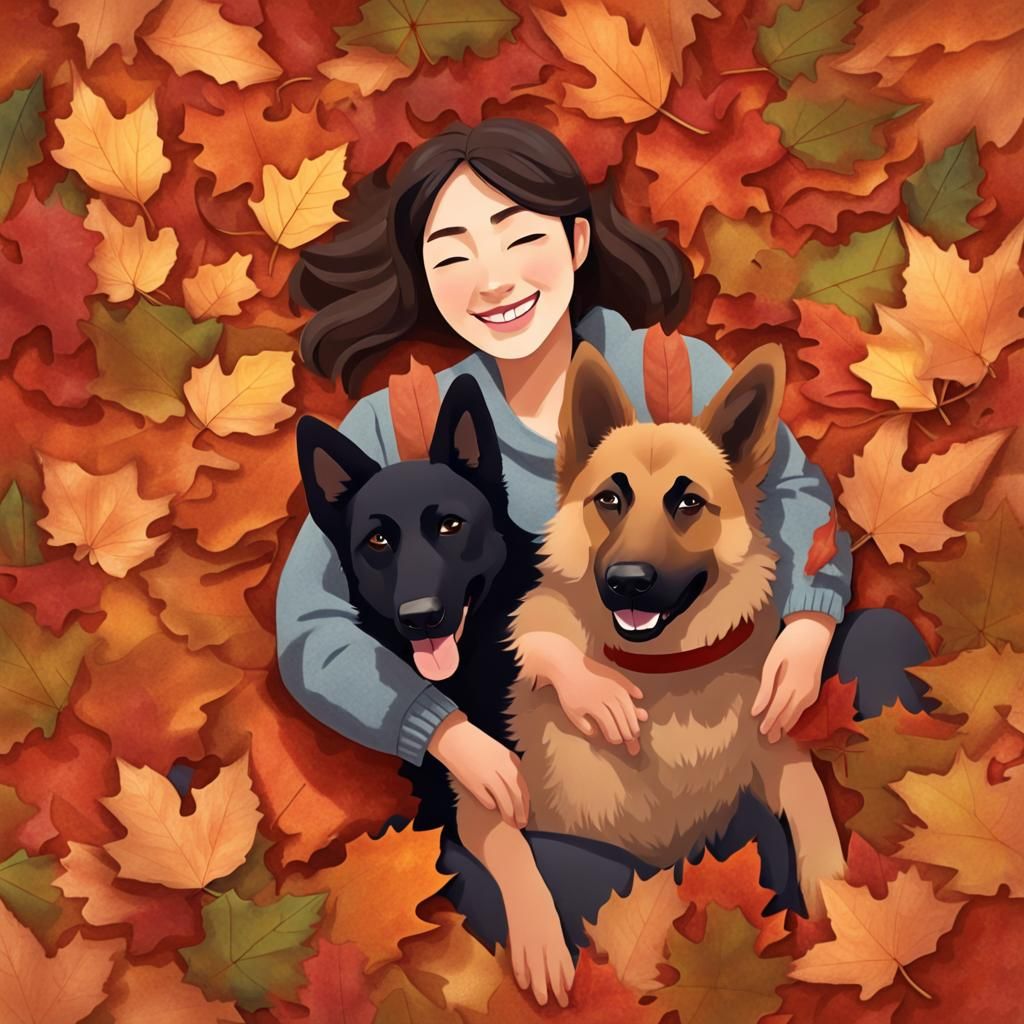 Smiling Woman and Dog in Autumn Leaves