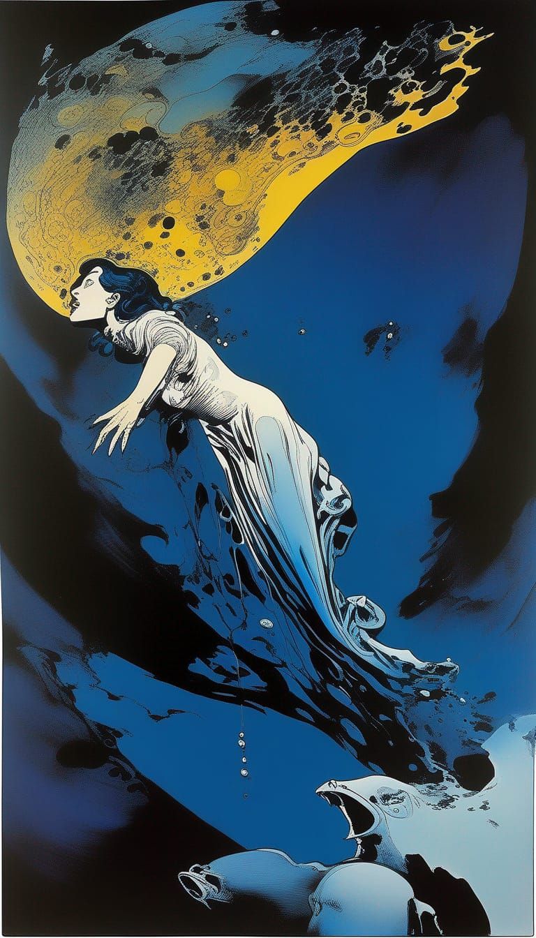 Woman Drowning in Cosmic Sea, Surreal Art