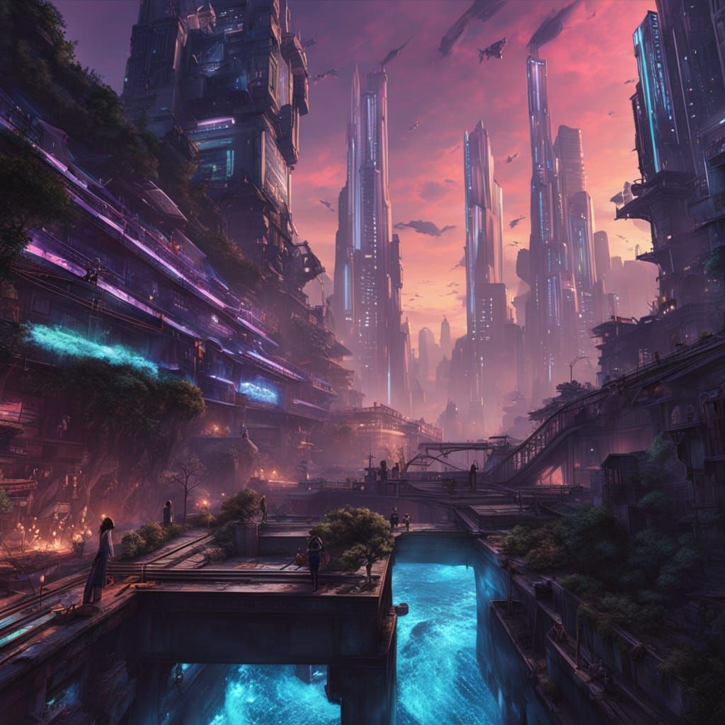 Cyberpunk Waterfall Dazzling Display of Light