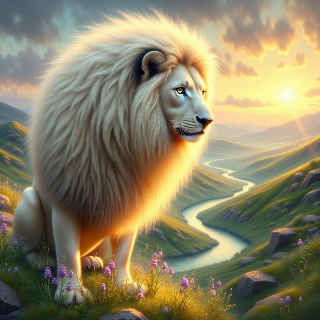 Majestic Lion Overlooking Valley as Oil Painting