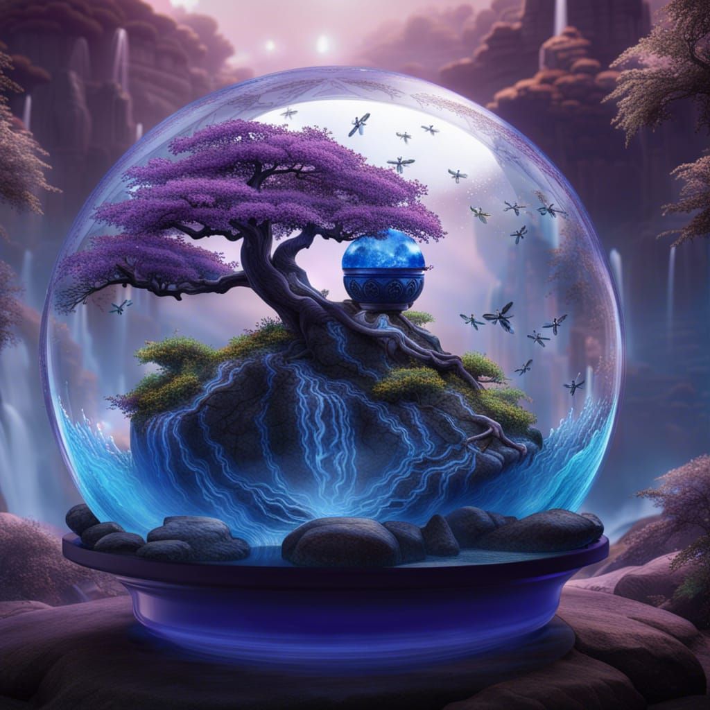 Purple and Blue Bonsai Tree in Crystal Sphere
