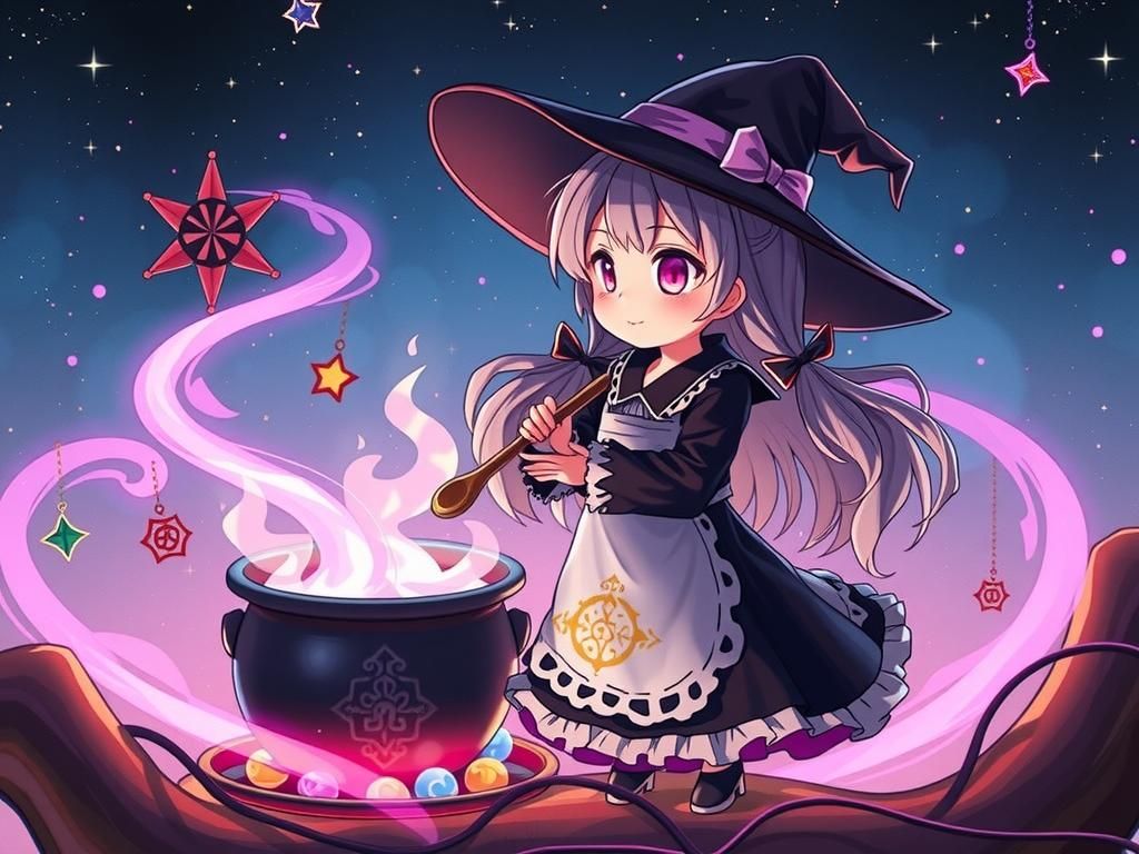 Chibi Witch and Bubbling Cauldron in Anime Style