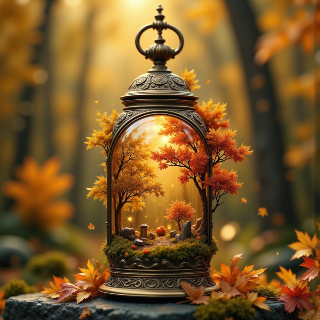 Autumn Forest Inside a Brass Lantern, Golden Hour Light