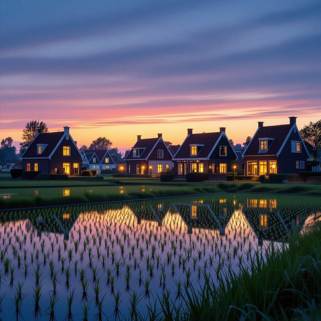 Twilight Paddy Field With Dutch Townhouses