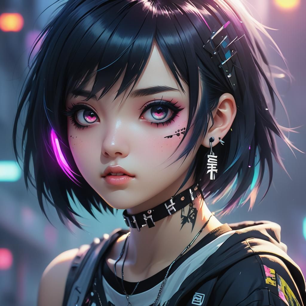 Cyberpunk-Inspired Anime Emo Girl with Black Hair