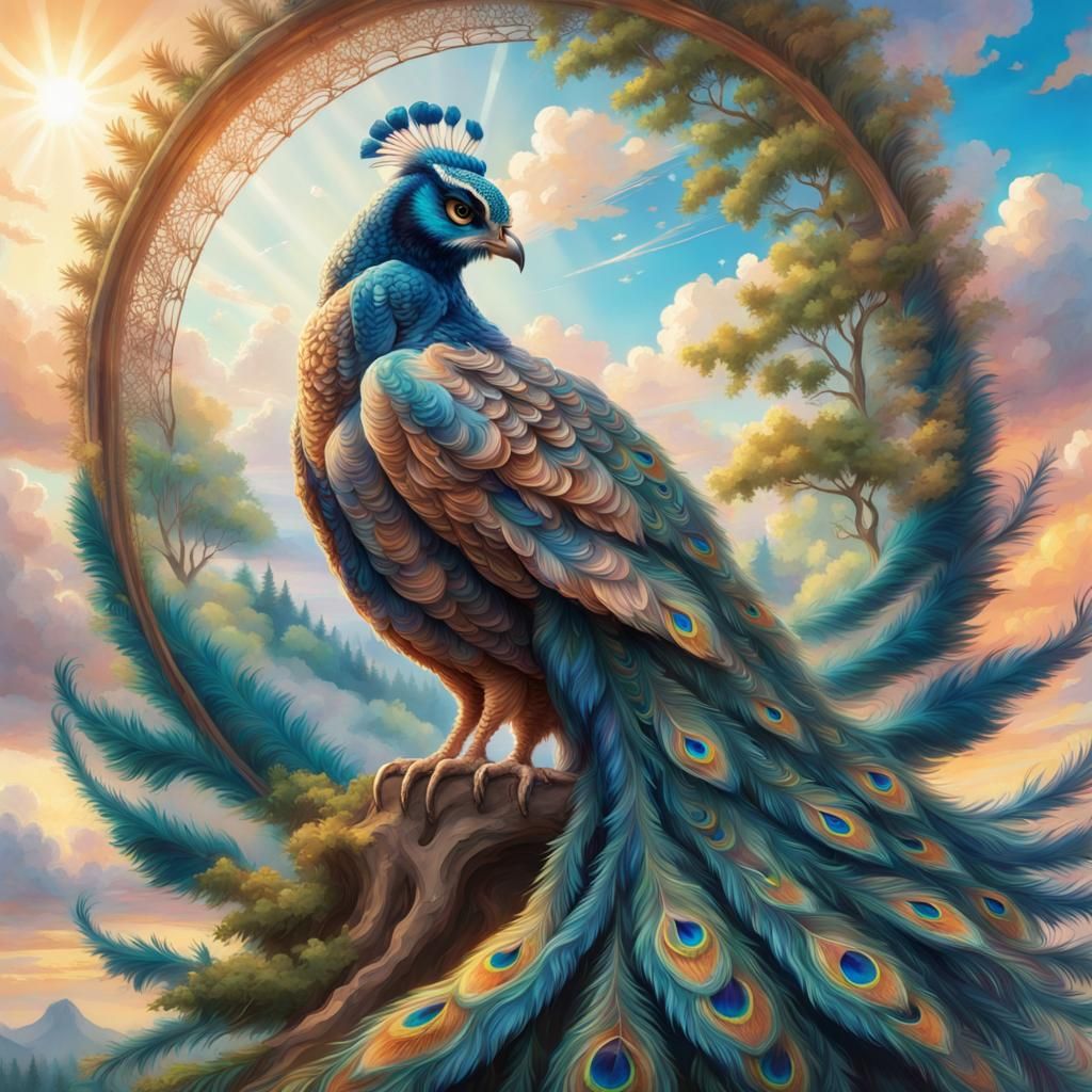 Owl-Peacock Hybrid in Forest, Detailed Digital Painting