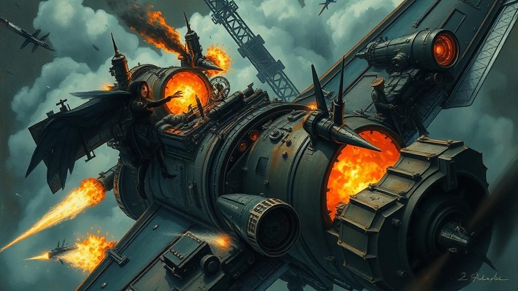 Gothic Steampunk Air Raid in Gouache Watercolor Style