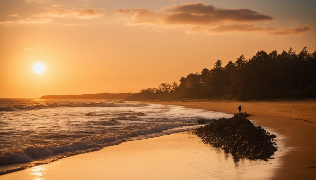 Golden Hour Beach Scene with Lonely Figure