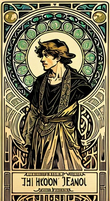 Noah Kahan in Alphonse Mucha Woodcut Style