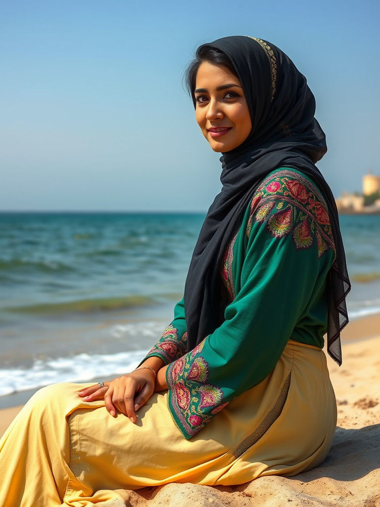 Palestinian Woman in Traditional Dress on Gazan Beach