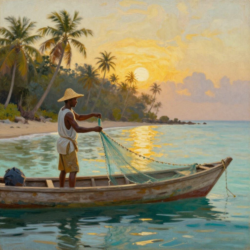 Jamaican Fisherman at Sunrise Oil Painting