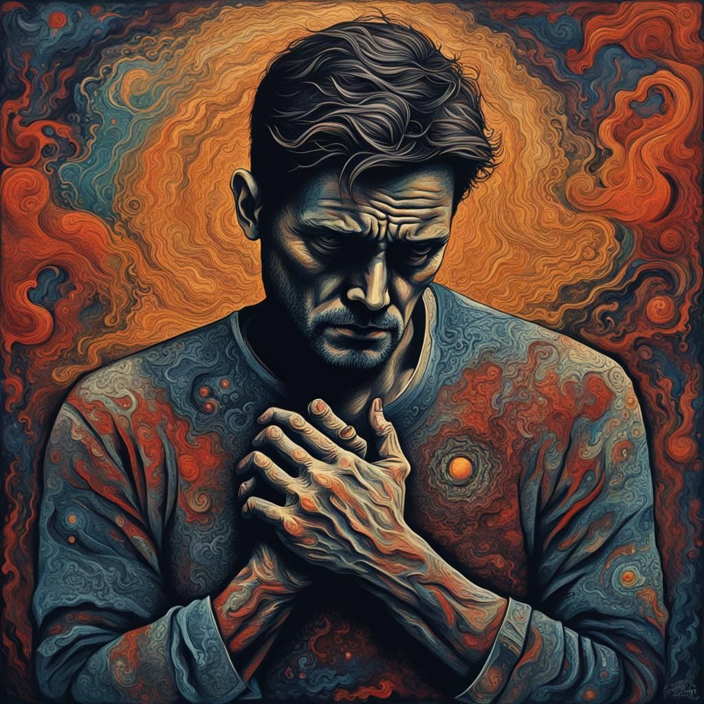 Detailed Abstract Art of Man Gripping Chest in Sadness
