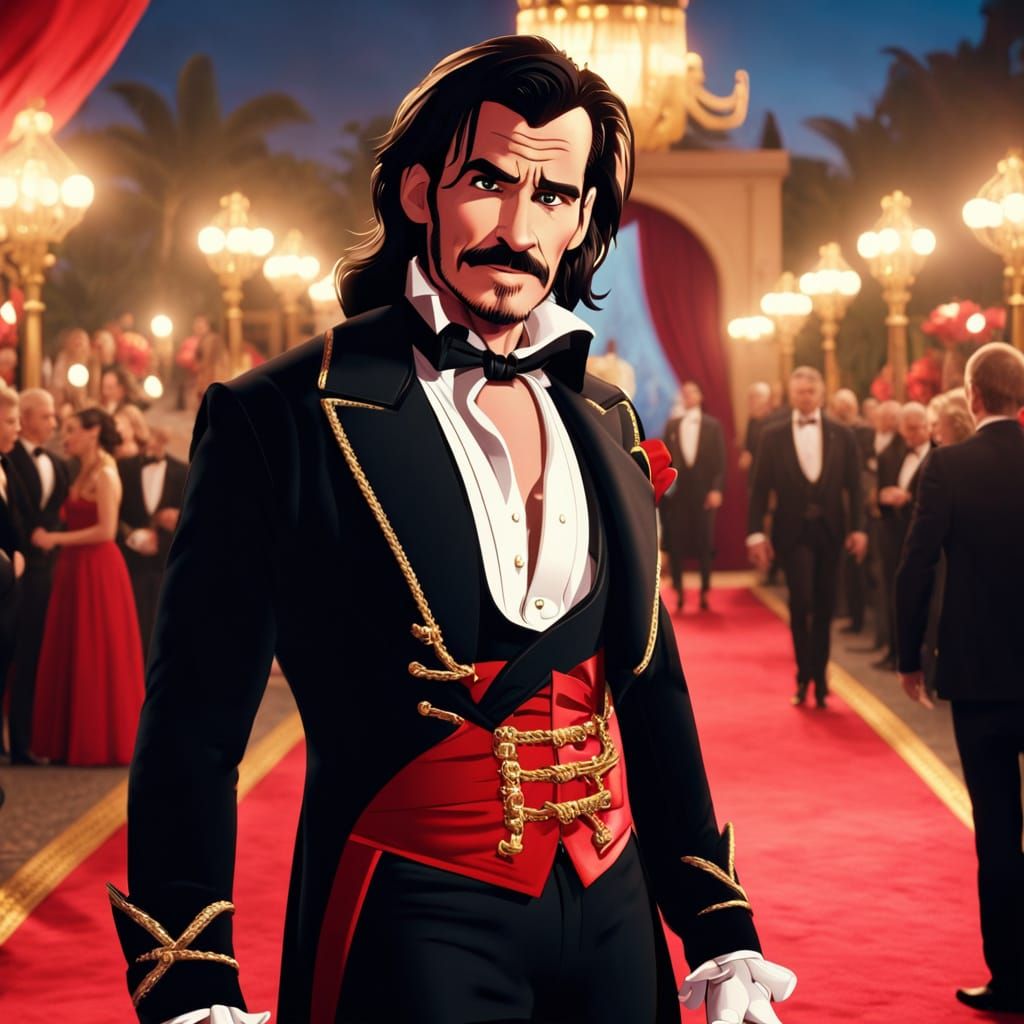 The red carpet of the Oscars. Captain Hook from "Peter Pan," with a hook sticking out from one of his sleeves, dressed i...