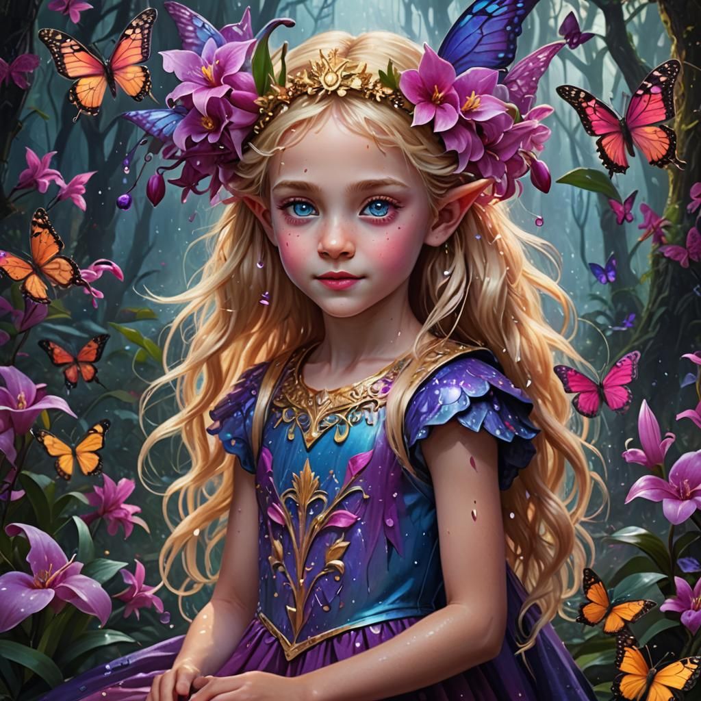 Elven Child with Butterflies in Mystical Forest