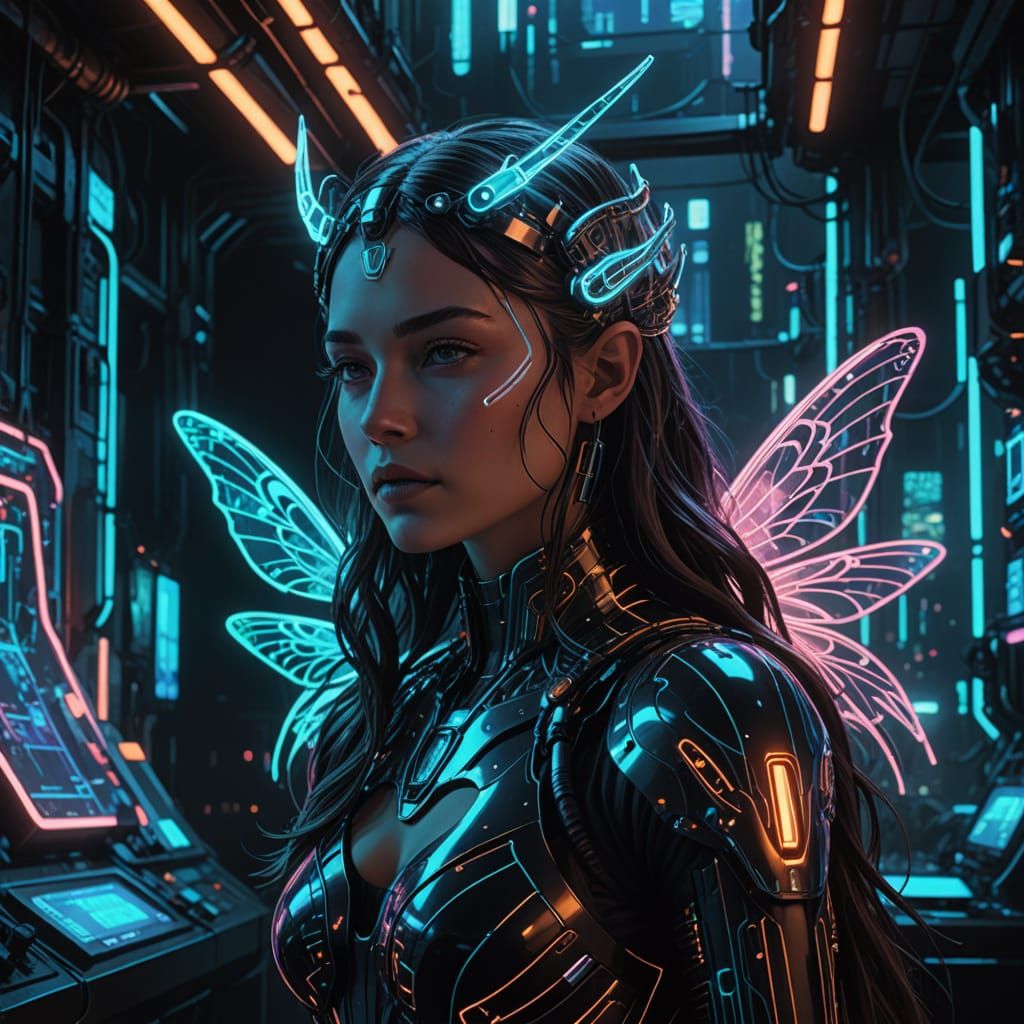Cyberpunk Fairy with Bioluminescent Glow in Neon Laboratory
