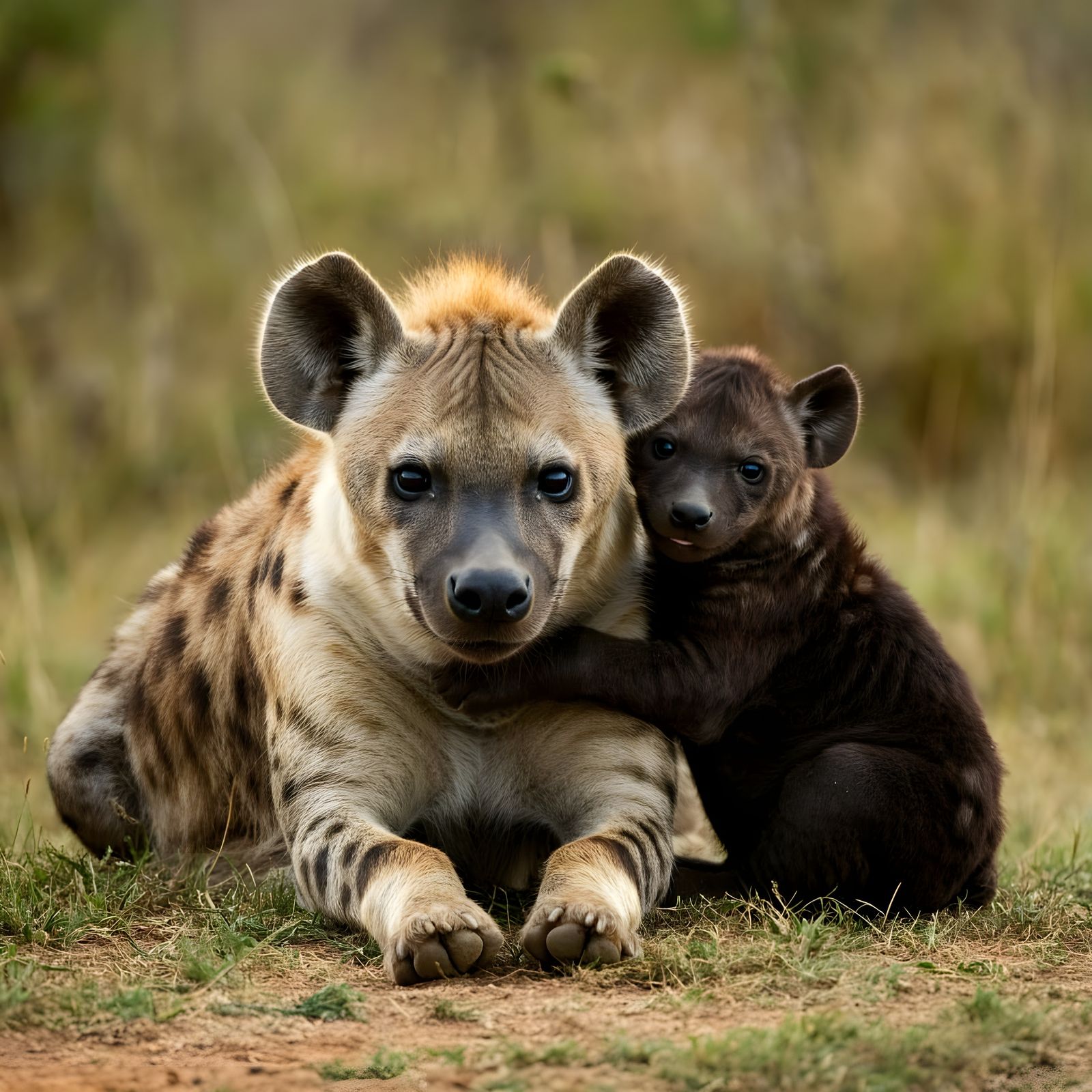 Spotted hyena mother and cub